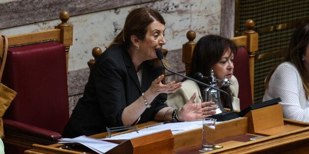 Alternate Speaker of the Parliament Tasia Christodoulopoulou duirng discussion and vote on the draft law prohibiting politicians to participate in offshore companies, at the Greek Parliament, in Athens on June 1st 2016(Photo by Wassilios Aswestopoulos/NurPhoto via Getty Images)