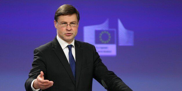 BRUSSELS, BELGIUM - MAY 04 : Vice-President for Euro and Social Dialogue Valdis Dombrovskis delivers a speech during a press conference in Brussels, Belgium on May 04, 2017. (Photo by Dursun Aydemir/Anadolu Agency/Getty Images)