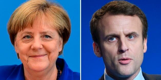 (COMBO) This combination of file pictures created on Mach 10, 2017 shows German Chancellor Angela Merkel (L, July 28, 2016 in Berlin) and French presidential election candidate for the 'En Marche' movement Emmanuel Macron (March 4, 2017 in Caen).As it was announced on March 10, 2017, Merkel will receive Macron in Berlin on March 16, 2017. / AFP PHOTO / Tobias SCHWARZ AND Jean-FranÃ§ois MONIER (Photo credit should read TOBIAS SCHWARZ,JEAN-FRANCOIS MONIER/AFP/Getty Images)