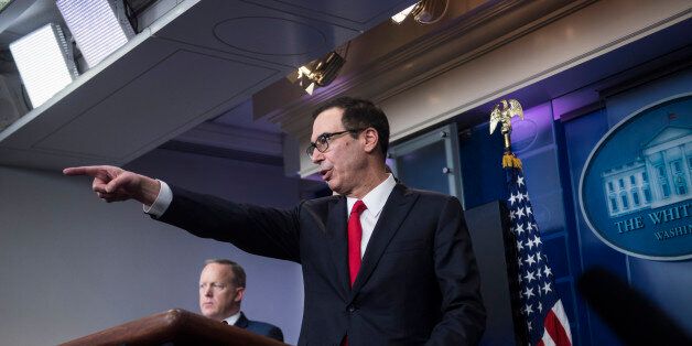 WASHINGTON, DC - APRIL 26: Treasury Secretary Steven Mnuchin speaks during a briefing in the Brady Press Briefing Room of the White House in Washington, DC on Wednesday, April 26, 2017. (Photo by Jabin Botsford/The Washington Post via Getty Images)