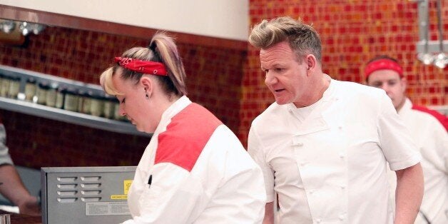 HELL'S KITCHEN: L-R: Contestant Heather and chef / host Gordon Ramsay in the all-new Black Jacket lounge episode of HELLS KITCHEN airing Thursday, Jan. 12 (8:00-9:01 PM ET/PT) on FOX. (Photo by FOX via Getty Images)