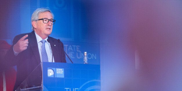 Jean-Claude Juncker, president of the European Commission, gestures while delivering a speech at The State Of The Union 2017 conference in Florence, Italy, on Friday, May 5, 2017. JunckerÂ further risked his reputation in the U.K. with a comment questioning the relevance of the English language. Photographer: Giulio Napolitano/Bloomberg via Getty Images