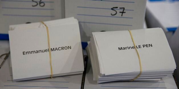 A photo taken on May 6, 2017 shows ballot papers with the names of the two presidential candidates at the City Hall in Montreuil, outside Paris, as preparations are made one day before Sunday's presidential election run-off. / AFP PHOTO / GEOFFROY VAN DER HASSELT (Photo credit should read GEOFFROY VAN DER HASSELT/AFP/Getty Images)