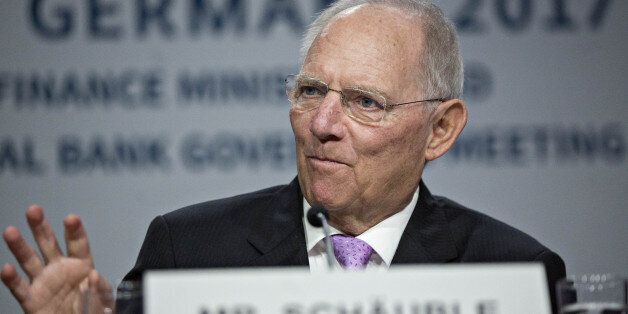 Wolfgang Schaeuble, Germany's finance minister, speaks during a Group of 20 (G-20) press conference on the sidelines of the spring meetings of the International Monetary Fund (IMF) and World Bank in Washington, D.C., U.S., on Friday, April 21, 2017. The emergence of protectionist forces could undermine a modest brightening of the global growth outlook and is putting severe strain on the post-World War II economic order, the IMF said this week. Photographer: Andrew Harrer/Bloomberg via Getty Images
