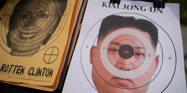 HARRISBURG, PA - APRIL 29: Shooting targets that depict former Democratic presidential candidate Hillary Clinton and North Korean leader Kim Jong-un are displayed at a street vendor outside the Pennsylvania Farm Show Complex & Expo Center prior to a 'Make America Great Again Rally' April 29, 2017 in Harrisburg, Pennsylvania. President Donald Trump is holding a rally to mark his first 100 days of his presidency. (Photo by Alex Wong/Getty Images)