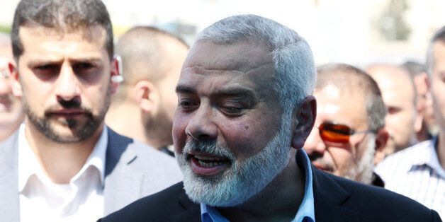 Senior Hamas leader Ismail Haniyeh he takes part at a protest to show solidarity with Palestinian prisoners on hunger strike in Israeli jails, in Gaza city on May 08, 2017. (Photo by Majdi Fathi/NurPhoto via Getty Images)