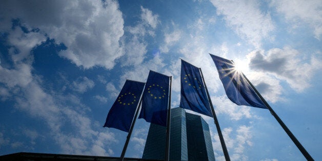 FRANKFURT AM MAIN, GERMANY - APRIL 27: Flags of the European Union pictures in front of the European Central Bank (ECB) heatquarters on April 27, 2017 in Frankfurt am Main, Germany. (Photo by Thomas Lohnes/Getty Images)