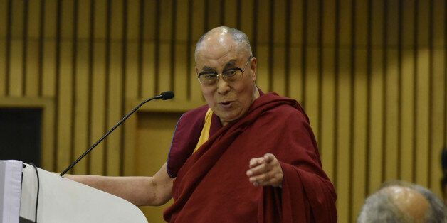 NEW DELHI, INDIA - APRIL 27: Tibetan Spiritual leader His Holiness Dalai Lama speaks after receiving The Professor ML Sondhi Prize for International Politics 2016 at IIC on April 27, 2017 in New Delhi, India. (Photo by Vipin Kumar/Hindustan Times via Getty Images)