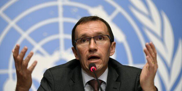 Special Advisor to the UN Secretary-General on Cyprus Norway's Espen Barth Eide, gives a press conference on UN-sponsored Cyprus peace talks on January 13, 2017 in Geneva. Rival Cypriot leaders have pledged to forge ahead with efforts to reunite the divided island after making 'real progress' at a high-level international conference that wrapped up early on January 13. / AFP / PHILIPPE DESMAZES (Photo credit should read PHILIPPE DESMAZES/AFP/Getty Images)