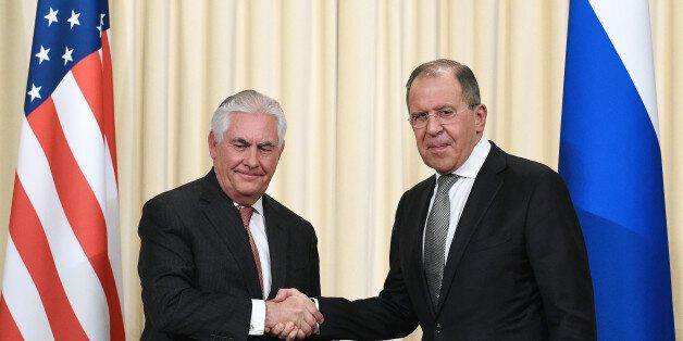 MOSCOW, RUSSIA - APRIL 12: U.S. Secretary of State Rex Tillerson (left) shakes hands with Russian Foreign Minister Sergey Lavrov after a joint news conference following their talks on April 12, 2017 in Moscow, Russia. (Photo by Dmitry Korotayev/Kommersant via Getty Images)
