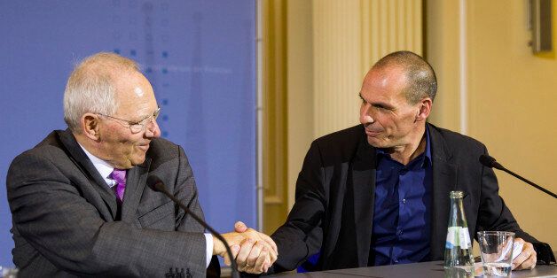 (GERMANY OUT) German Finance Minister Wolfgang Schaeuble talks with his Greek counterpart Giani Varoufakis at the press conference February 5, 2015 at the Federal Ministry of Finance. (Photo by A.v.Stocki/ullstein bild via Getty Images)