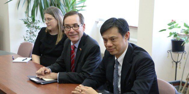 SKOPJE, MACEDONIA - MAY 18: Deputy Assistant Secretary for European and Eurasian Affairs Hoyt Brian Yee (R) and United States Ambassador to Macedonia Jess Baily (C) meet with four political party leader in Skopje, Macedonia on May 18, 2016 Macedonian parliament postponed early elections which planned to be held at 5 June 2016. (Photo by Vedat Abdul/Anadolu Agency/Getty Images)