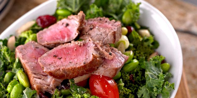 'Fresh Salad with Bean ,Kale and Roasted Steak.Shot with Hasselblad.'