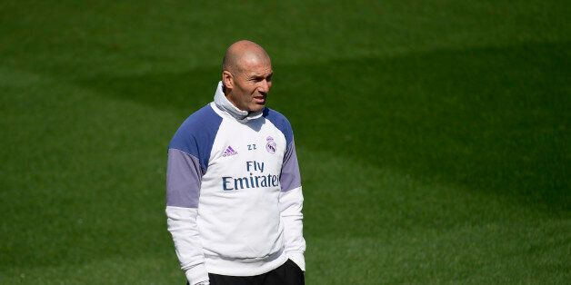 Real Madrid's French coach Zinedine Zidane attends a training session at Valdebebas Sport City in Madrid on April 28, 2017 on the eve of their Liga football match against Valencia. / AFP PHOTO / PIERRE-PHILIPPE MARCOU (Photo credit should read PIERRE-PHILIPPE MARCOU/AFP/Getty Images)