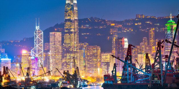 Hong Kong skyline and Container Cargo freight ship
