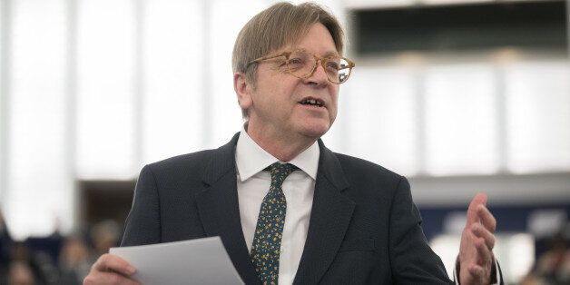 Guy Verhofstadt, Brexit negotiator for the European Parliament, gestures while speaking ahead of a vote on the U.K.'s Brexit resolution principles at the European Parliament in Strasbourg, France, on Wednesday, April 5, 2017. Barnier said the U.K. must settle the details of its divorce from the EU before discussing any future free-trade deal or risk crashing out without an accord, in a rebuff to Prime Minister Theresa May. Photographer: Jasper Juinen/Bloomberg via Getty Images