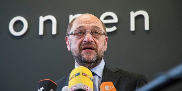 Chancellor candidate and chairman of SPD (Social Democratic Party) Martin Schulz speaks to the media after his visit to the start-up Sonnen and a meeting with other start-up founders in Berlin, Germany on May 3, 2017. (Photo by Emmanuele Contini/NurPhoto via Getty Images)