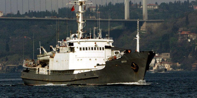 The Russian reconnaissance ship Liman sails past the Bosphorus Bridge linking Istanbul's European and Asian sides as it goes through the Bosphorus Strait April 3 heading for the Mediterranean on a mission intended to send a message of solidarity to Belgrade over its conflict with NATO. The Russian naval vessel, sailed from the Black Sea port of Sebastopol on Friday, and passed through Istanbul's waterway only hours after NATO launched its first missile attack in central Belgrade, destroying Inte