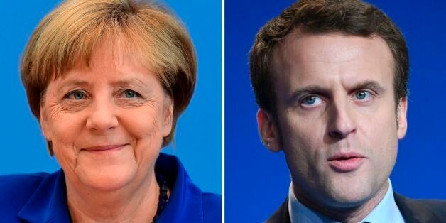 (COMBO) This combination of file pictures created on Mach 10, 2017 shows German Chancellor Angela Merkel (L, July 28, 2016 in Berlin) and French presidential election candidate for the 'En Marche' movement Emmanuel Macron (March 4, 2017 in Caen).As it was announced on March 10, 2017, Merkel will receive Macron in Berlin on March 16, 2017. / AFP PHOTO / Tobias SCHWARZ AND Jean-FranÃ§ois MONIER (Photo credit should read TOBIAS SCHWARZ,JEAN-FRANCOIS MONIER/AFP/Getty Images)