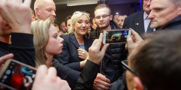 LILLE, FRANCE - JANUARY 27: (EXCLUSIVE COVERAGE) French far-right party National Front leader Marine Le Pen meets activists after a private meeting with FN activists on January 27, 2017 in Haulchin, near Lille, France. Since the election of Donald Trump as U.S. president on Nov. 8, the French race has been closely-watched as another crucial battle between populist and establishment forces (Photo by Sylvain Lefevre/Getty Images)