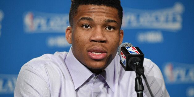 TORONTO, CANADA - APRIL 18: Giannis Antetokounmpo #34 of the Milwaukee Bucks speaks to the media after Game Two of the Eastern Conference Quarterfinals of the 2017 NBA Playoffs on April 18, 2017 at the Air Canada Centre in Toronto, Ontario, Canada. NOTE TO USER: User expressly acknowledges and agrees that, by downloading and/or using this photograph, user is consenting to the terms and conditions of the Getty Images License Agreement. Mandatory Copyright Notice: Copyright 2017 NBAE (Photo by Ron Turenne/NBAE via Getty Images)