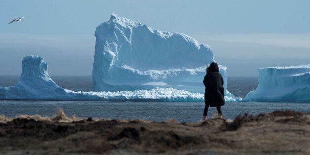 A resident views the first iceberg of the season as it passes the South Shore, also known as