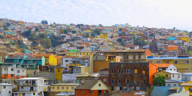 Hill top view of valparaiso chile skyline. colorful houses