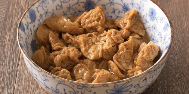 close up of a bowl of vegetarian mock meat