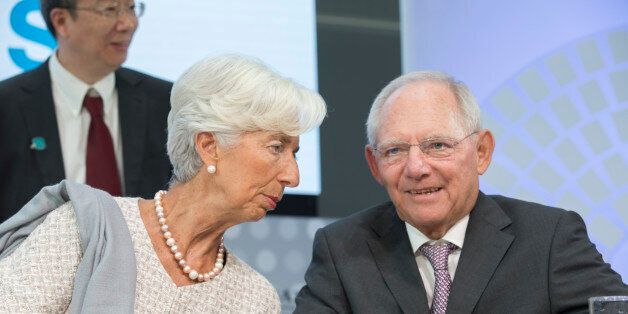 WASHINGTON, DC - OCTOBER 6: In this handout photo provided by the International Monetary Fund, International Monetary Fund Managing Director Christine Lagarde and German Finance Minister Wolfgang Schauble participate in a CNN Debate Seminar on Global Economy Ocotber 6, 2016 in Washington, DC. The IMF/World Bank Annual meetings are being held in Washington this week. (Photo by Stephen Jaffe/IMF via Getty Images)