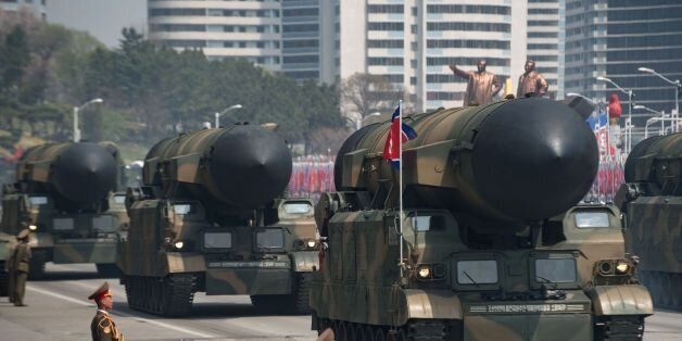An unidentified rocket is displayed during a military parade marking the 105th anniversary of the birth of late North Korean leader Kim Il-Sung in Pyongyang on April 15, 2017. North Korean leader Kim Jong-Un on April 15 saluted as ranks of goose-stepping soldiers followed by tanks and other military hardware paraded in Pyongyang for a show of strength with tensions mounting over his nuclear ambitions. / AFP PHOTO / Ed JONES (Photo credit should read ED JONES/AFP/Getty Images)