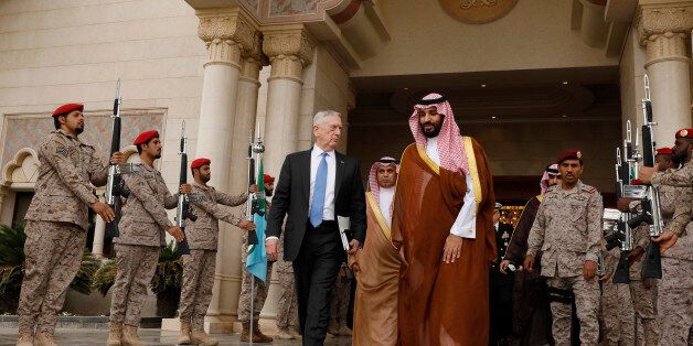 RIYADH, SAUDI ARABIA - APRIL 19: U.S. Defense Secretary James Mattis (L) departs after meeting with Saudi Arabia's Deputy Crown Prince and Defense Minister Mohammed bin Salman (R) at the Ministry of Defense on April 19, 2017 in Riyadh, Saudi Arabia. (Photo by Jonathan Ernst - Pool/Getty Images)