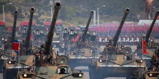 This April 15, 2017 picture released from North Korea's official Korean Central News Agency (KCNA) on April 16, 2017 shows Korean People's howitzers being displayed through Kim Il-Sung square during a military parade in Pyongyang marking the 105th anniversary of the birth of late North Korean leader Kim Il-Sung. / AFP PHOTO / KCNA VIA KNS / STR / South Korea OUT / REPUBLIC OF KOREA OUT ---EDITORS NOTE--- RESTRICTED TO EDITORIAL USE - MANDATORY CREDIT 'AFP PHOTO/KCNA VIA KNS' - NO MARKETING NO