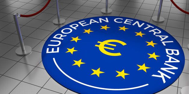 Round illustration laying on a tiled floor with the text European Central Bank including the European Union (EU) stars and Euro sign.