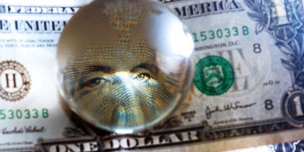 George Washington closeup eye under cristal globe on the one dollar note