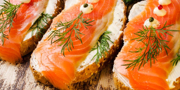 Sandwiches with salted salmon. Close-up.