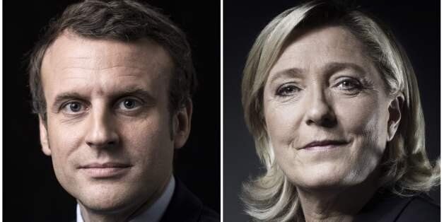 A combination of picture made on April 23, 2017 shows French presidential election candidate for the En Marche ! movement Emmanuel Macron and French presidential election candidate for the far-right Front National (FN) party Marine Le Pen posing in Paris.Emmanuel Macron and Marine Le Pen are shown ahead in the French presidential race, in a projection announced on April 23, 2017. / AFP PHOTO / JoÃ«l SAGET AND Eric Feferberg (Photo credit should read JOEL SAGET,ERIC FEFERBERG/AFP/Getty