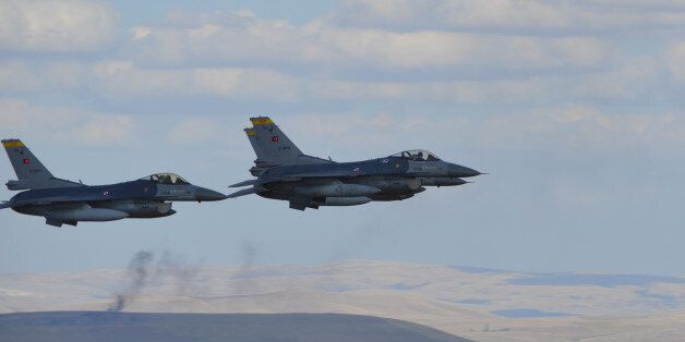 Ankara, Turkey - September 13, 2015: Turkish Air Force's 3 F-16 Falcon is at the air show over Dua Hill in near capital city Ankara where Turkish Independence war began to forward, in September 13th, 2015