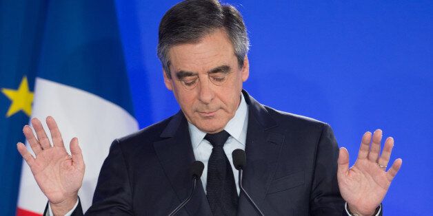 PARIS, ILE DE FRANCE - APRIL 23: Les Republicains candidate Francois Fillon delivers a speech after projected results suggest he has been defeated in the French Presidential Elections at the party's Campaign Headquarters on April 23, 2017 in Paris, France. According to projected results, founder and leader of the political movement 'En Marche !' Emmanuel Macron has received the most votes with National Front Party leader Marine Le Pen in second place, meaning both will now compete against each