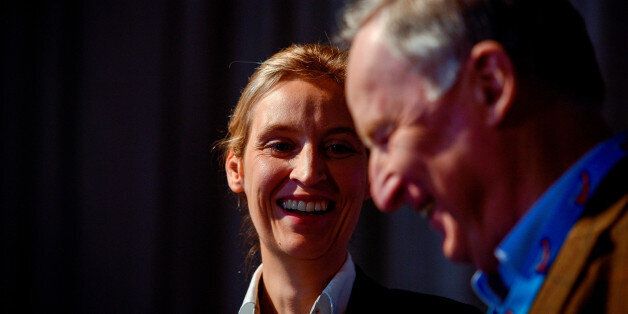 COLOGNE, GERMANY - APRIL 23: The members of the national directorate of the AfD party Alice Weidel and Alexander Gauland on stage at a press conference after being elected as the leading duo for the general elections during the federal congress of the right-wing populist Alternative for Germany (AfD) political party in the Maritim Hotel on April 23, 2017 in Cologne, Germany. The party is meeting following the recent surprise announcement by its chairwoman Frauke Petry that she will not run in German federal elections scheduled for September. The AfD saw a surge in popularity that helped it capture seats in 10 state parliaments, though more recently that party has seen its poll numbers slip. It has also been plagued by infighting between more moderate and radical factions of its leadership. (Photo by Sascha Schuermann/Getty Images)
