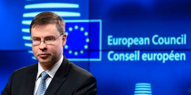 Vice-President for Euro and Social Dialogue Valdis Dombrovskis gives a press conference after the Tripartite Social Summit meeting on the eve of European Summit meeting at the EU headquarters in Brussels on February 08, 2017. / AFP PHOTO / JOHN THYS (Photo credit should read JOHN THYS/AFP/Getty Images)