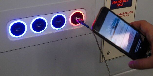 MOSCOW, RUSSIA - FEBRUARY 21, 2017: USB-ports for charging mobile devices and gadgets in a car of the next generation Moskva subway train during a test run on the Tagansko-Krasnopresnenskaya Line of the Moscow Metro. The Moskva trains are to replace the outdated EZH-3 and EM508T trains. Valery Sharifulin/TASS (Photo by Valery Sharifulin\TASS via Getty Images)