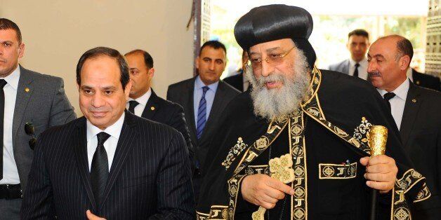 CAIRO, EGYPT - APRIL 13: (----EDITORIAL USE ONLY MANDATORY CREDIT - 'PRESIDENCY OF EGYPT / HANDOUT' - NO MARKETING NO ADVERTISING CAMPAIGNS - DISTRIBUTED AS A SERVICE TO CLIENTS----) Egyptian President Abdel Fattah el-Sisi (L) meets with Pope of the Coptic Orthodox Church of Alexandria Tawadros II (R) at Abbassia neighbourhood in Cairo, Egypt on April 13, 2017. (Photo by Presidency of Egypt / Handout/Anadolu Agency/Getty Images)
