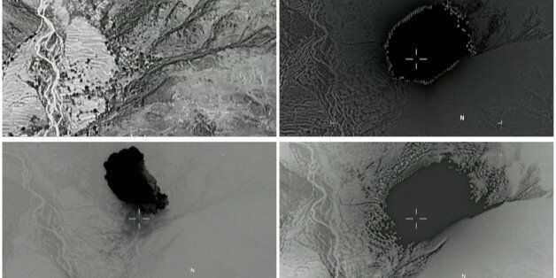 A combination of still images taken from a video released by the U.S. Department of Defense on April 14, 2017 shows (clockwise) the explosion of a MOAB, or