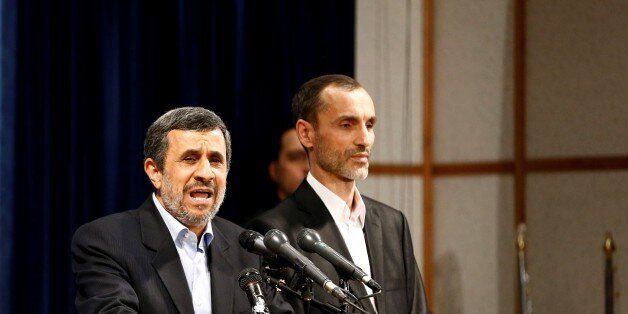 TEHRAN, IRAN - APRIL 12: Former Iranian President Mahmoud Ahmadinejad (L) delivers a speech during a press conference after he registered to run in the May 19 presidential race in Tehran, Iran on April 12, 2017. The Guardian Council will announce a final list of candidates by April 27. (Photo by Fatemeh Bahrami/Anadolu Agency/Getty Images)