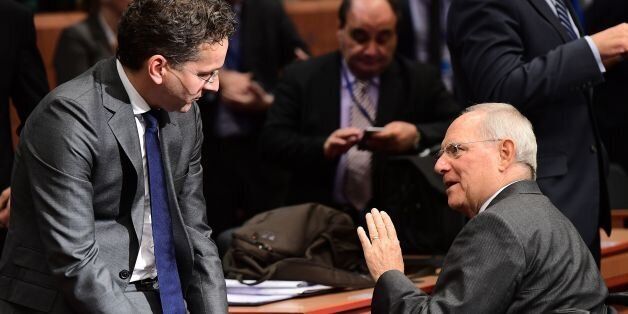 Eurogroup President and Dutch Finance Minister Jeroen Dijsselbloem (L) and German Finance Minister Wolfgang Schauble speak together ahead of a Eurogroup finance ministers meeting at the European Council in Brussels, on November 7, 2016. / AFP / EMMANUEL DUNAND (Photo credit should read EMMANUEL DUNAND/AFP/Getty Images)