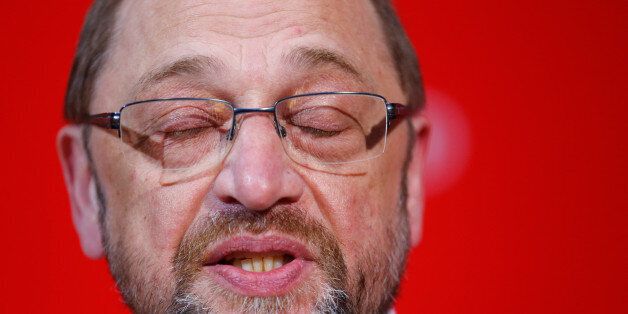 Social Democratic Party (SPD) leader Martin Schulz reacts on first exit polls after the Saarland state elections in Berlin, Germany, March 26, 2017. REUTERS/Hannibal Hanschke TPX IMAGES OF THE DAY