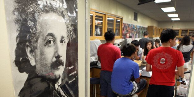 ROLLING HILLS ESTATES- June 24, 2014: A poster of Albert Einstein hangs on a lab door at Palos Verdes Peninsula High School biology teacher Julie Maemoto's summer biology class June 24, 2014 in Rolling Hills Estates. The summer program is run by The Peninsula Education Foundation, which hires the teachers and raises money to support the Palos Verdes Peninsula Unified School District and Peninsula High School. (Photo by Brian van der Brug/Los Angeles Times via Getty Images)
