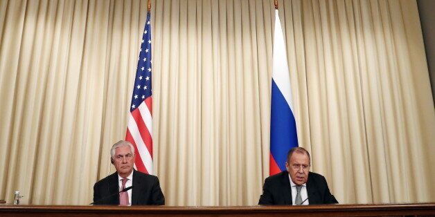 MOSCOW, RUSSIA - APRIL 12, 2017: US Secretary of State Rex Tillerson (L) and Russia's Foreign Minister Sergei Lavrov give a joint press conference following talks with Russian President Vladimir Putin. Stanislav Krasilnikov/TASS (Photo by Stanislav Krasilnikov\TASS via Getty Images)