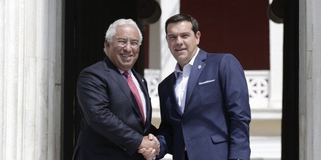 ATHENS, GREECE - SEPTEMBER 09: Greek Prime Minister Alexis Tsipras (R) welcomes Prime Minister of Portugal Antonio Luis Dos Santos Da Costa (L) during the Euro-Mediterranean Summit at Zappeion Palace in Athens, Greece on September 9, 2016. (Photo by Ayhan Mehmet/Anadolu Agency/Getty Images)