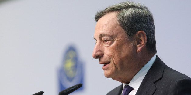 Mario Draghi, president of the European Central Bank (ECB), speaks as he unveils the new 50 euro currency bank note at the ECB headquarters in Frankfurt, Germany, on Tuesday, April 4, 2017. The ECB estimates Banca Popolare di Vicenza SpA and Veneto Banca SpA need about 6.4 billion euros ($6.8 billion) and considers the lenders solvent, a condition for them to receive a bailout, according to people familiar with the matter. Photographer: Alex Kraus/Bloomberg via Getty Images